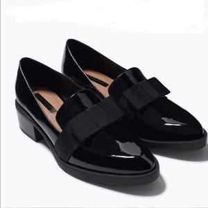 Zara Patent Leather Black Loafers with Fabric Bow